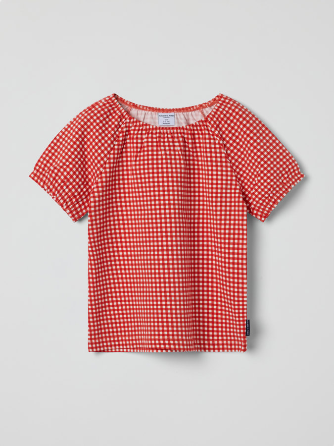 Topp med puffärmar rutig